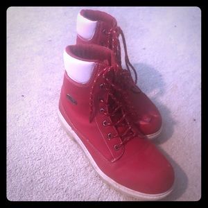 Bright red hiking boots with white trim